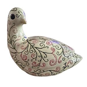 Hand Painted & Engraved Ceramic Dove Bird Trinket Box Dish 7”